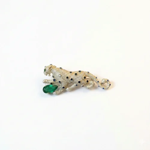 Emerald Hunt Leopard CZ Silver Brooch