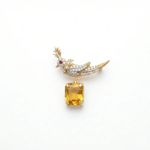 Golden Songbird CZ Silver Brooch