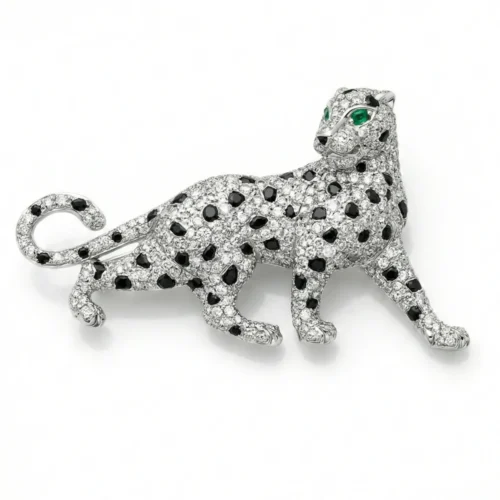 Emerald-Eye Leopard CZ Silver Brooch